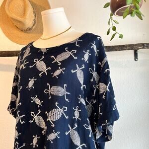 New Aura Vintage 90s Navy Blue Lizard Print Short Sleeve Blouse Top Size Large